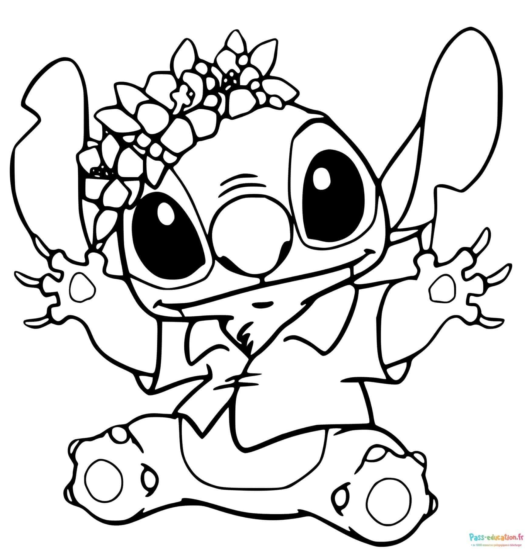 Coloriage Stitch avec des fleurs à imprimer et colorier
