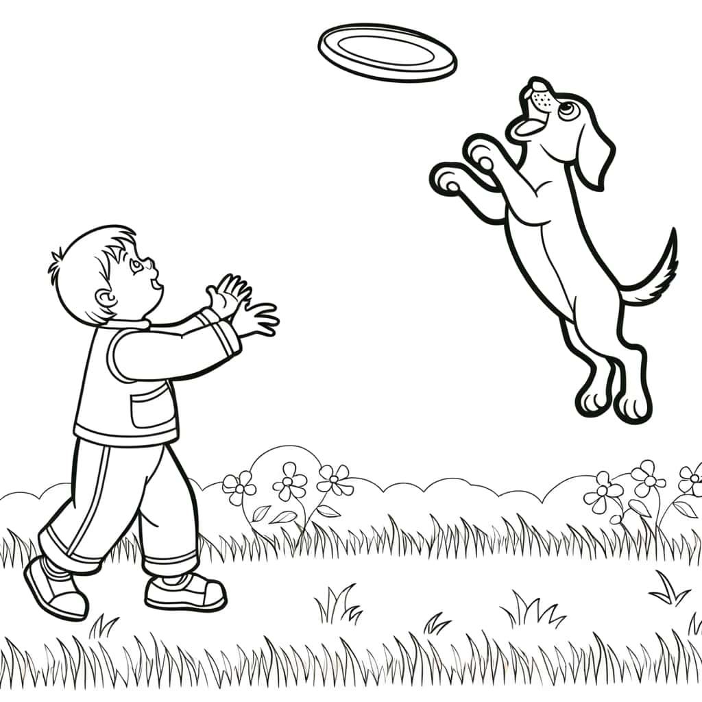 Coloriage Garçon jouant avec chien à imprimer et colorier