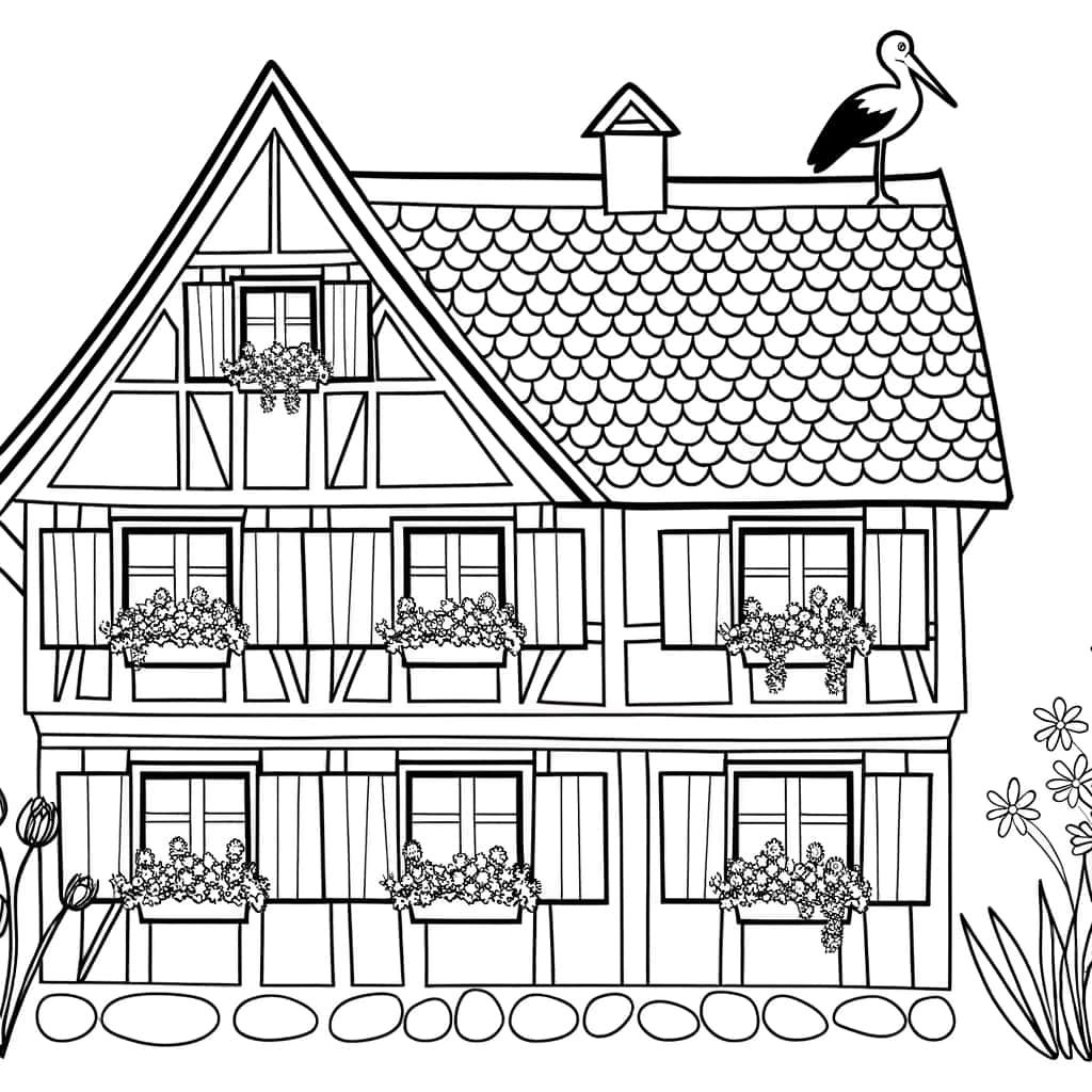 Coloriage Maison alsacienne traditionnelle à imprimer et colorier