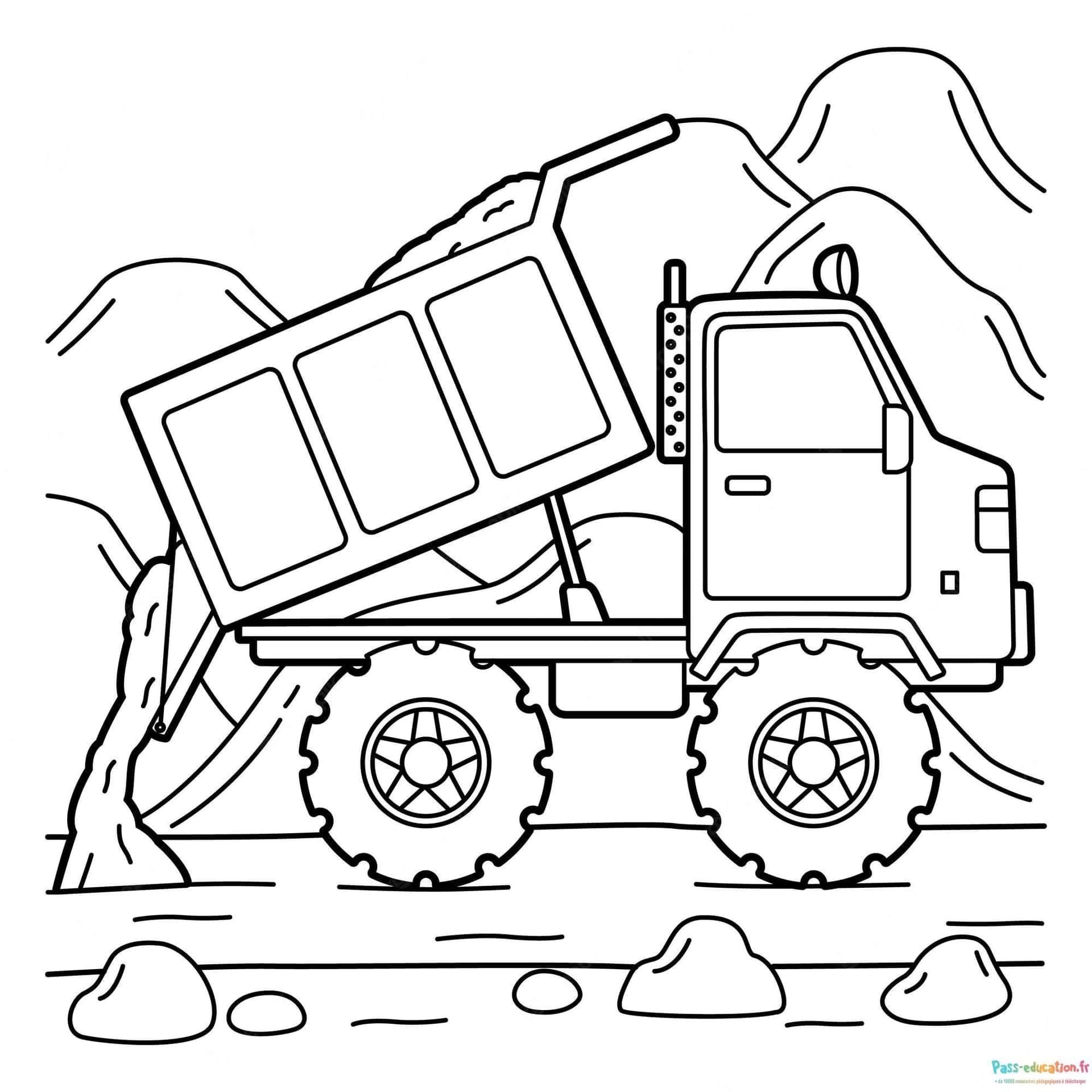 Coloriage Désolé, il semble y avoir une erreur dans ma réponse précédente. Le coloriage représente un camion-benne et non un camion militaire. Voici la correction :

Camion-benne à imprimer et colorier