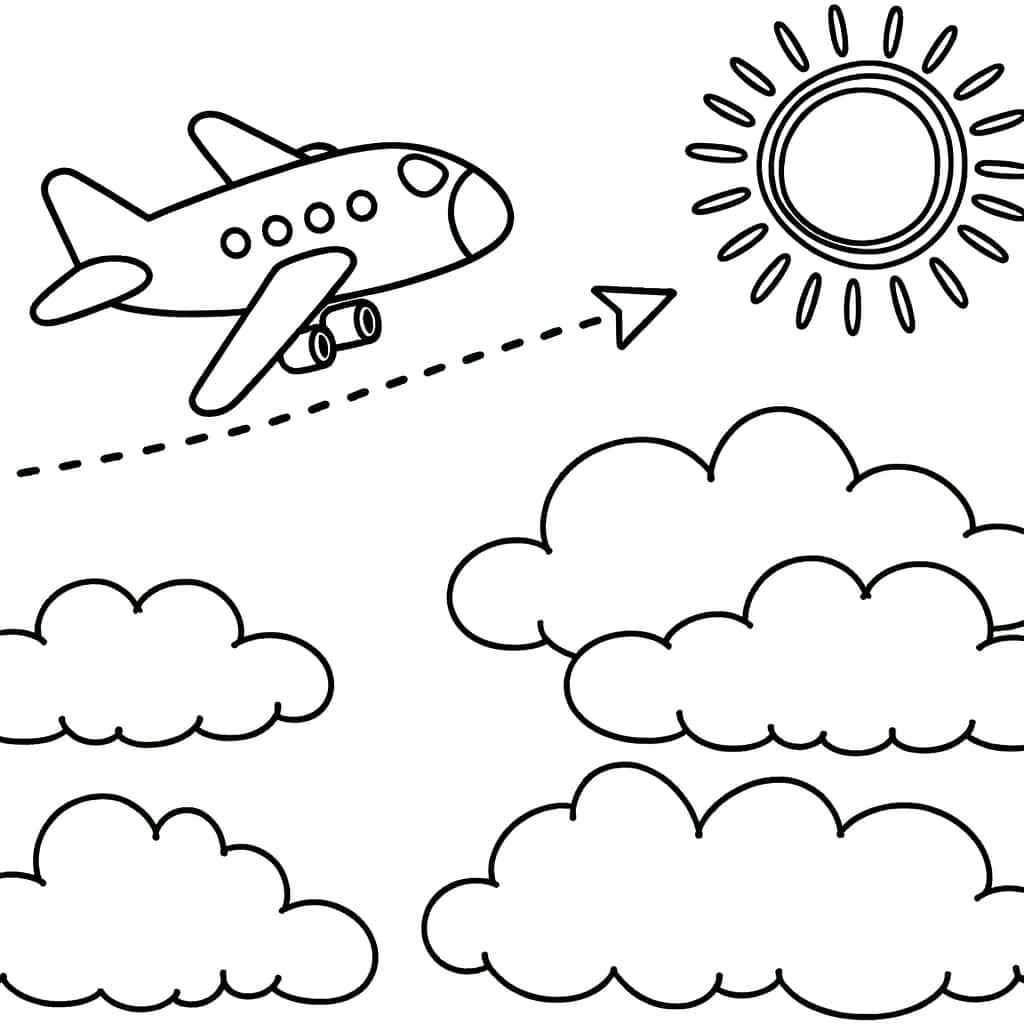 Coloriage Avion et nuages à imprimer et colorier