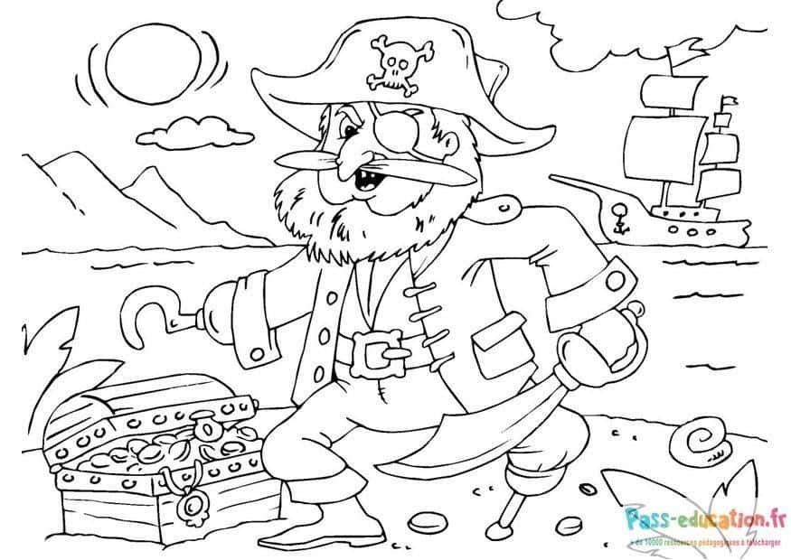Coloriage Pirate joyeux avec trésor à imprimer et colorier
