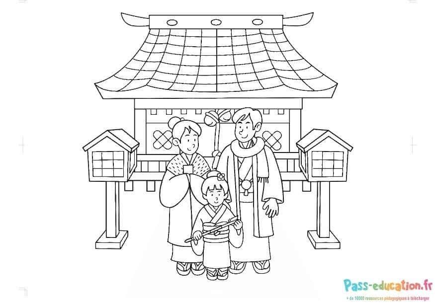 Coloriage Famille japonaise traditionnelle à imprimer et colorier