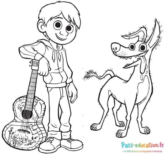 Coloriage Garçon et chien musical à imprimer et colorier