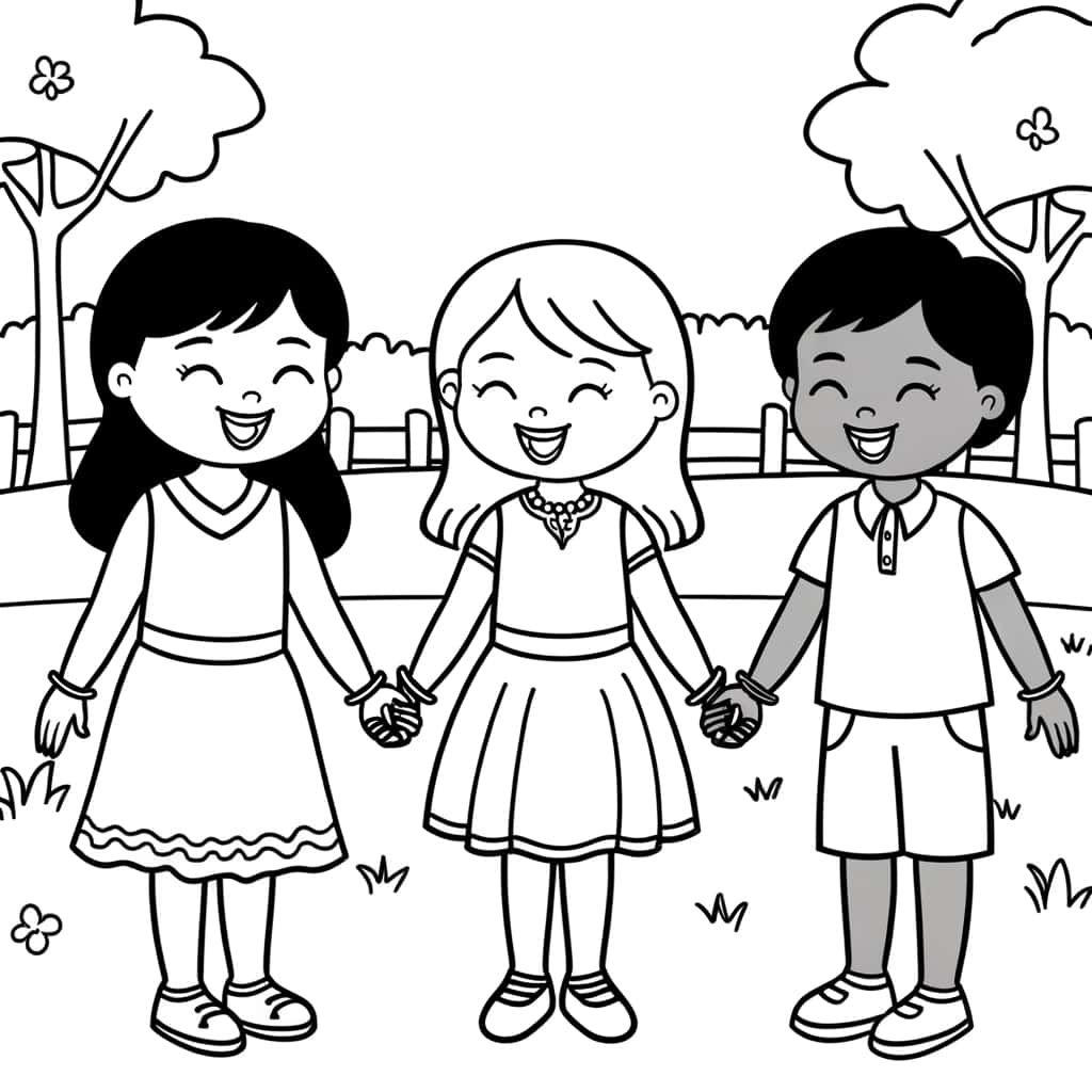 Coloriage Trois Amis Heureux à imprimer et colorier