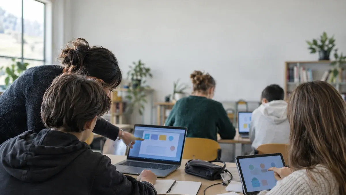 Photographie d'illustration générée par IA, sans texte, en lien avec : Informer sur la mise en œuvre des usages numériques. Accompagner pour le développement du numérique éducatif. Proposer