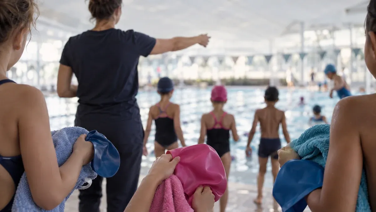 Photographie d'illustration générée par IA, sans texte, en lien avec : Promouvoir l’accès des élèves d’écoles élémentaires aux piscines du Département