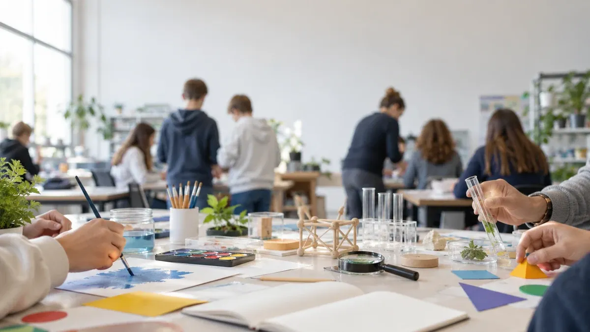 Photographie d'illustration générée par IA, sans texte, en lien avec : Soutenir les ateliers artistiques et scientifiques dans les collèges