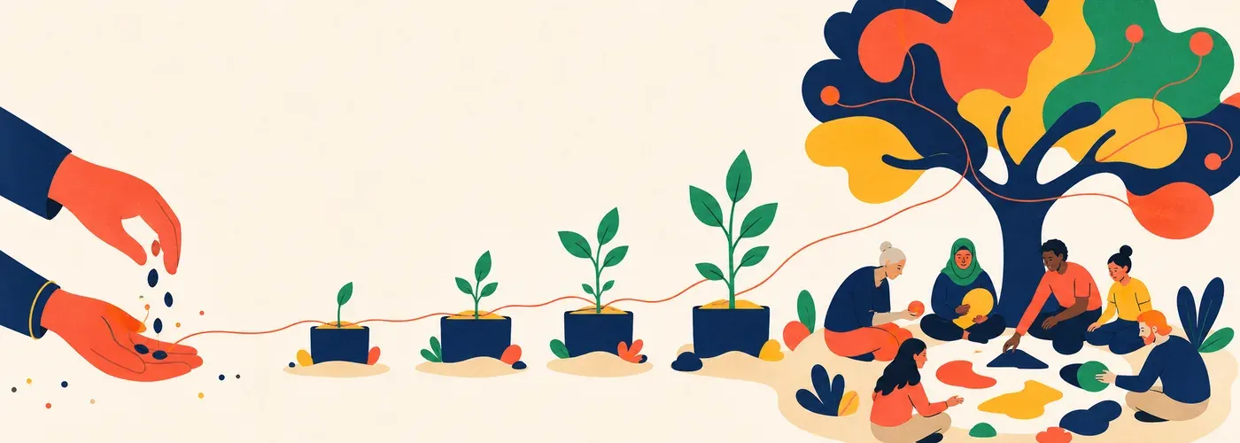 Des graines semées deviennent des pousses puis un arbre foisonnant, entouré d'une équipe au travail