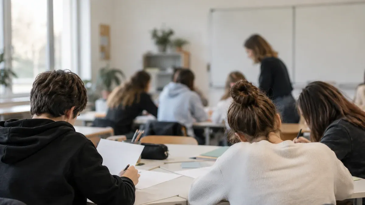 Photographie d'illustration générée par IA, sans texte, en lien avec : Plan de travail et classe flexible au collège