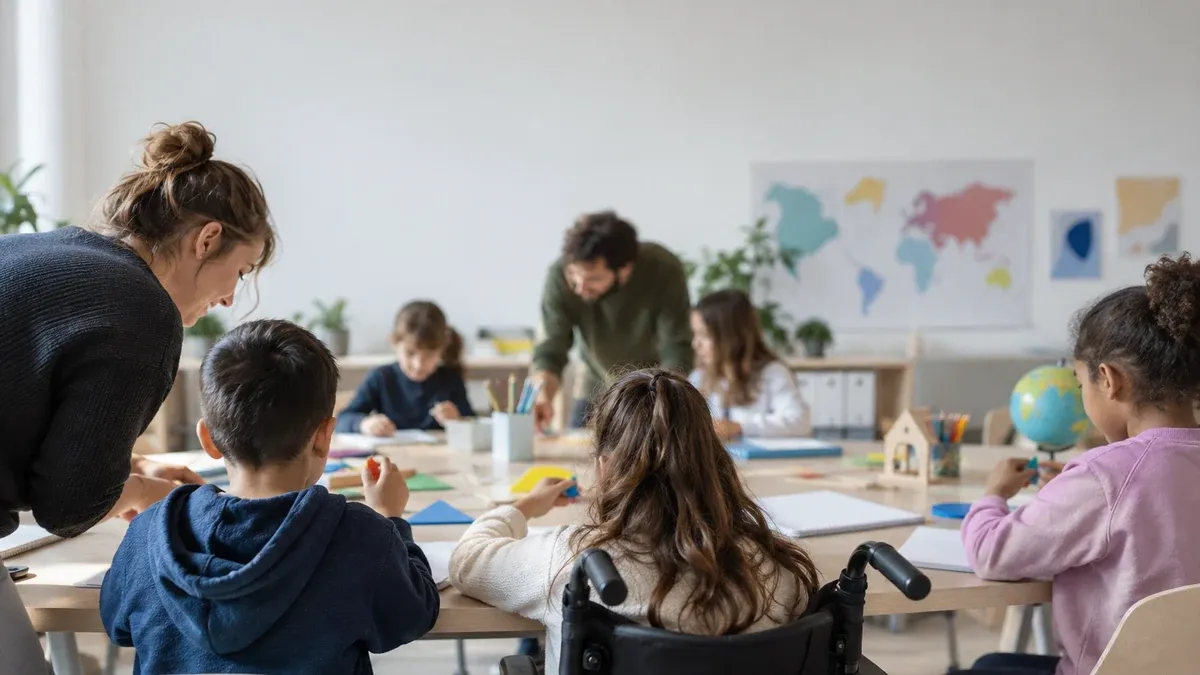 Photographie d'illustration générée par IA, sans texte, en lien avec : Cinq projets français Erasmus+ distingués pour leurs pratiques pédagogiques