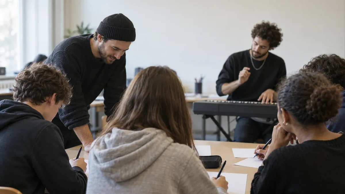 Photographie d'illustration générée par IA, sans texte, en lien avec : Des collégiens de Pantin écrivent leurs souvenirs avec le duo Terrenoire