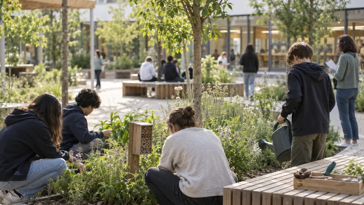 Photographie d'illustration générée par IA, sans texte, en lien avec : Des salles modernisées et une cour oasis au collège Rousseau